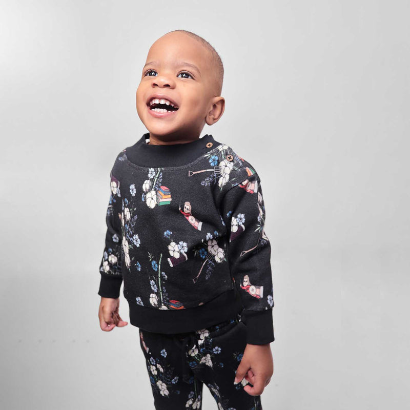Black Jersey Baby Sweatshirt with Floral Print