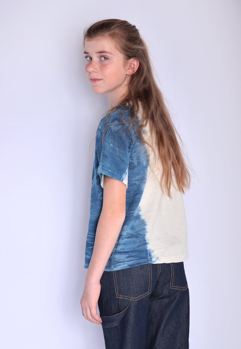 Artisanal Girls and Boys T-Shirt naturally dyed Indigo with Hand Print