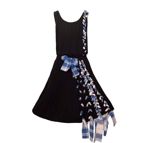 Black Cable Knit Dress with Blue Tartan Details