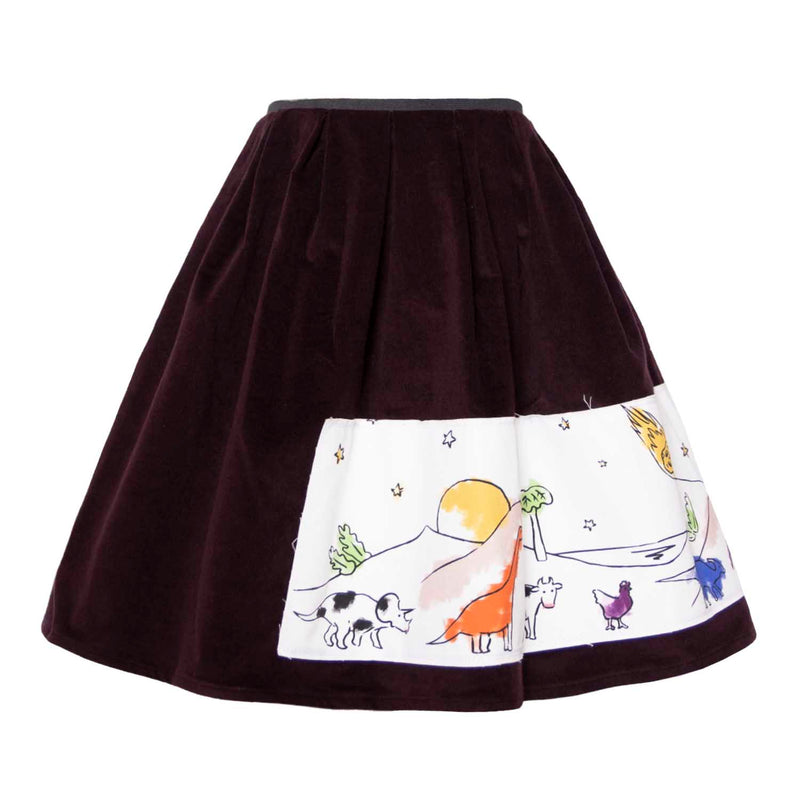 Velvet Skirt in Aubergine with Appliqué