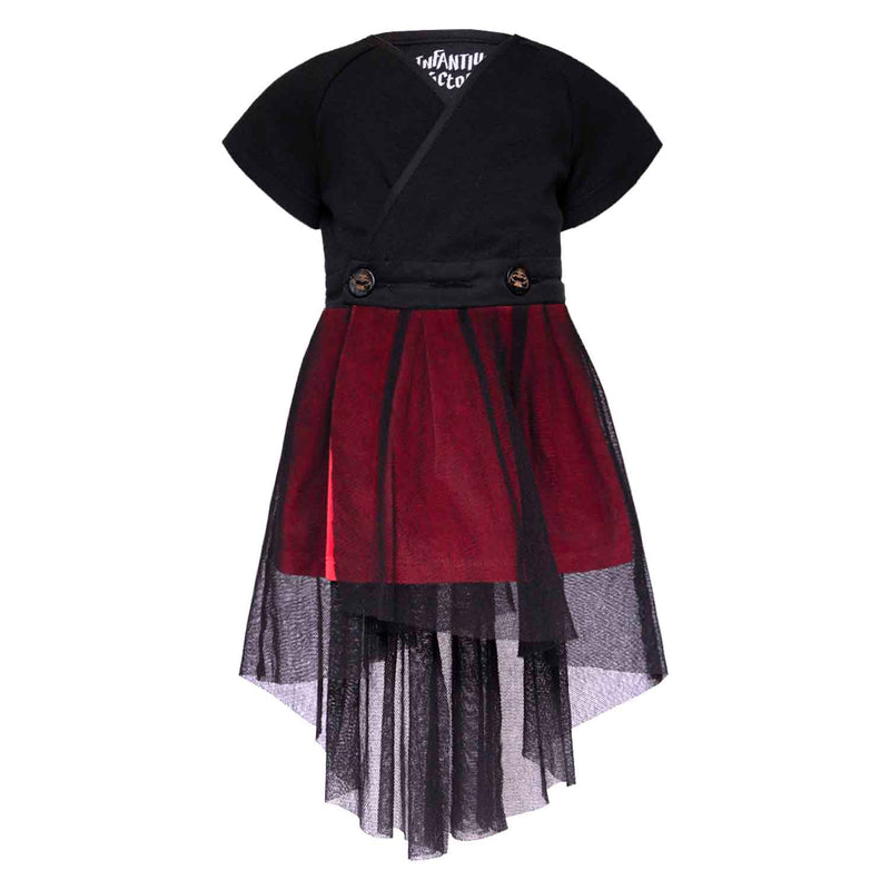 Black Dress with Red Underskirt and Mesh Overlay