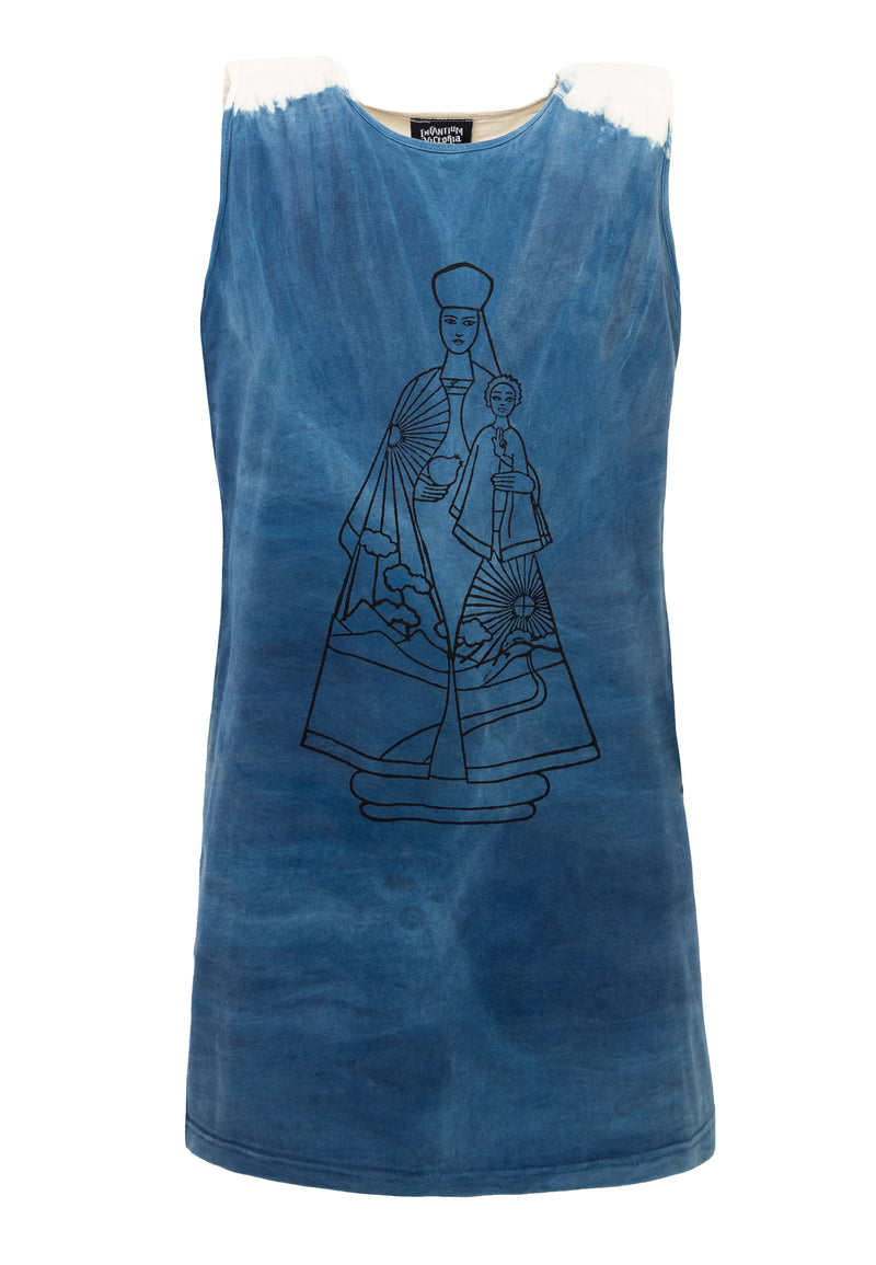 Handgefertigtes T-Shirt-Kleid mit natürlich gefärbtem Indigo und Handaufdruck