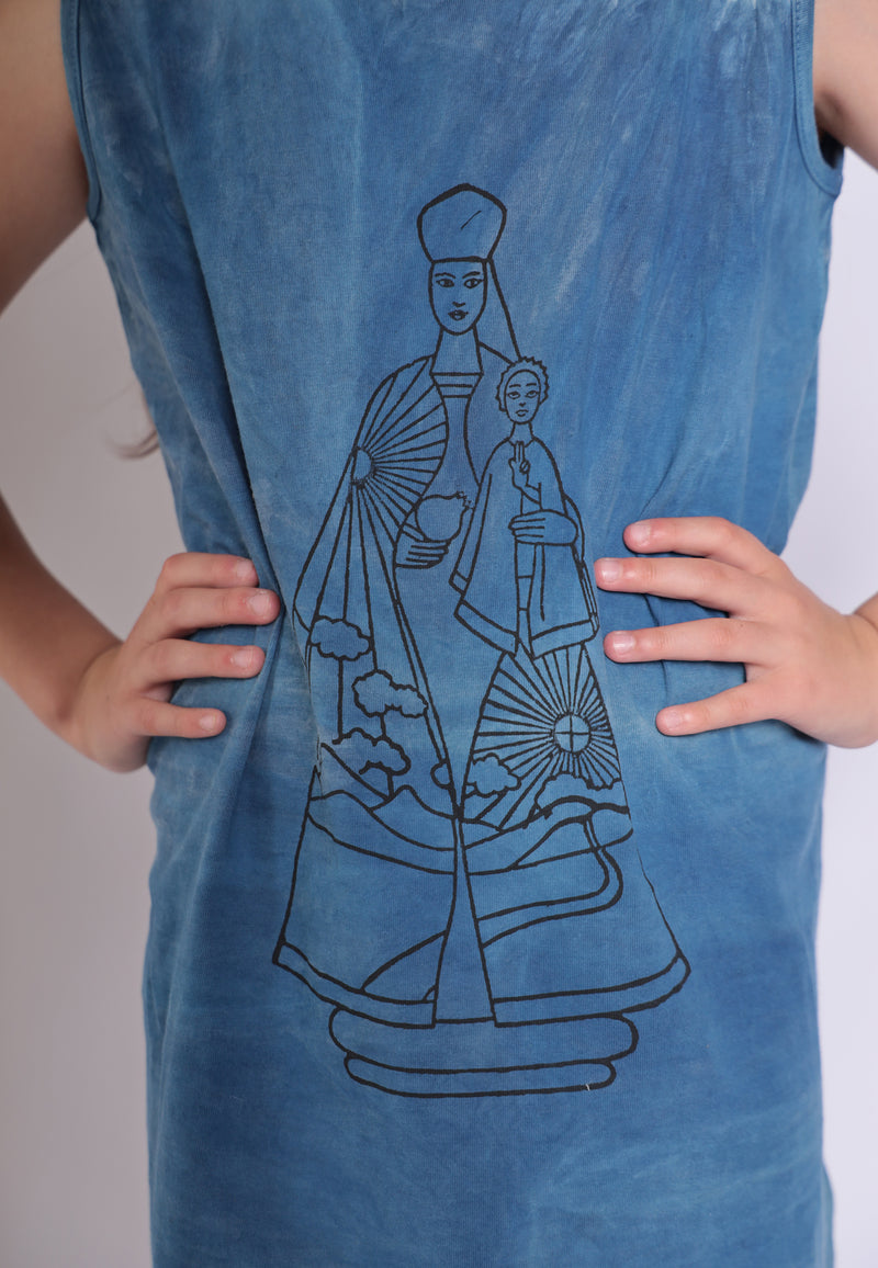 Artisanal T-Shirt Dress Naturally Dyed Indigo with Hand Print