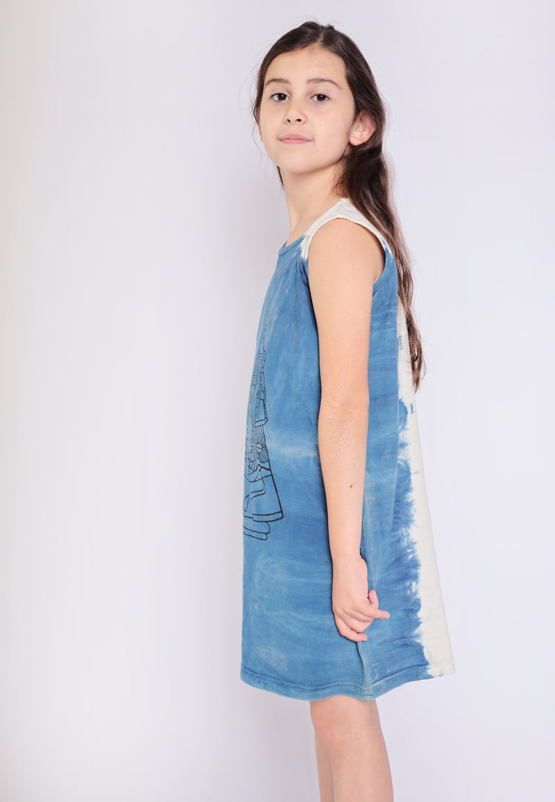 Artisanal T-Shirt Dress Naturally Dyed Indigo with Hand Print