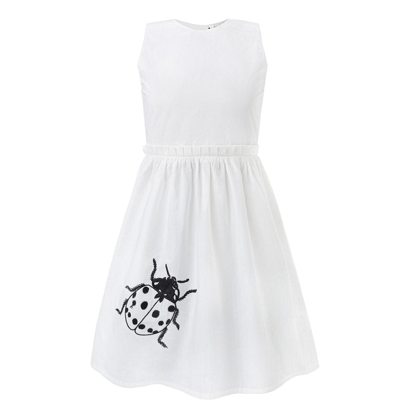 White Dress with Cutout Back and Ladybug Hand Embroidery