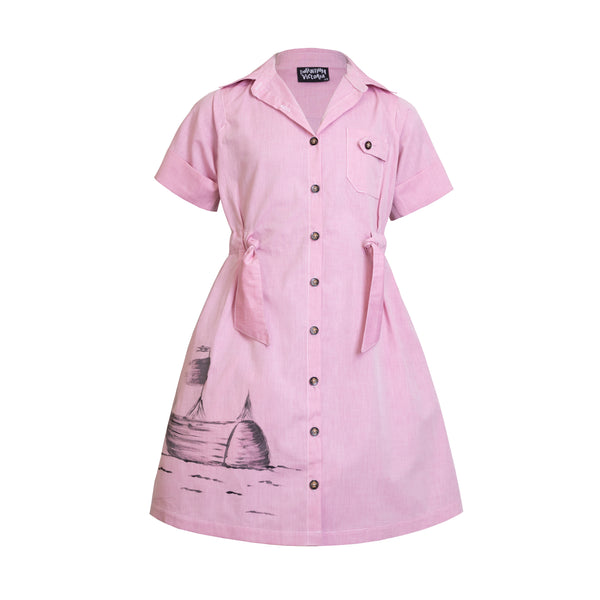 Hand-Painted Pink Safari Dress for Girls Limited Edition, GOTS